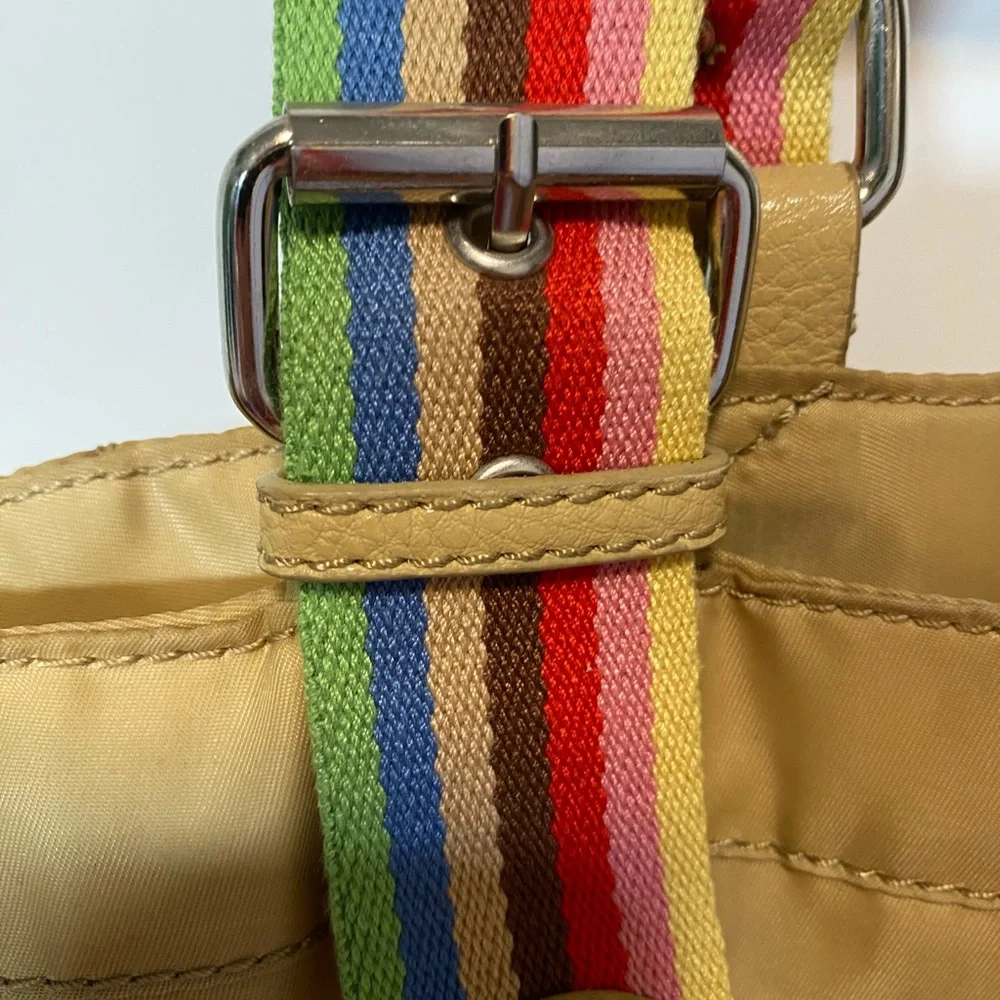 Franco Sarto Tan Bag with Rainbow Straps & festive interior with lots of pockets
